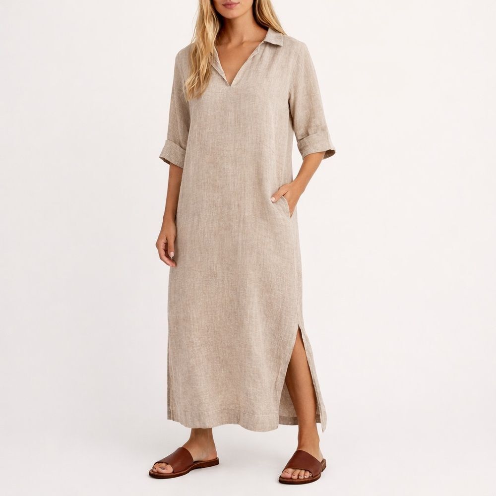 Haven Well Within 100% Linen Maxi Shift Dress Large Beige Neutral Pockets Slit